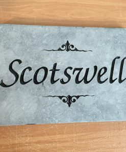 House Name Plate Sanded Irish Limestone Zapchan Black Centre Fluorish 300 x 200