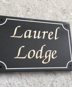 House Name Plate Black Granite Zapchan Gold Cut Corner Border 300 x 200